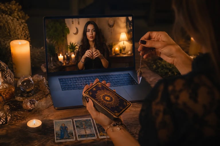 Pessoa com pêndulo de radiestesia sobre cartas de baralho de tarot em consulta esotérica online