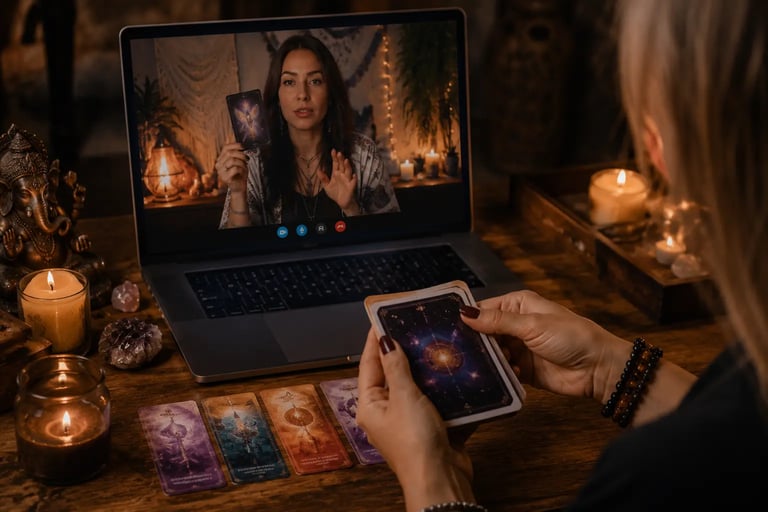 Cartas de oráculo abertas sobre toalha mística em frente a notebook durante consulta online
