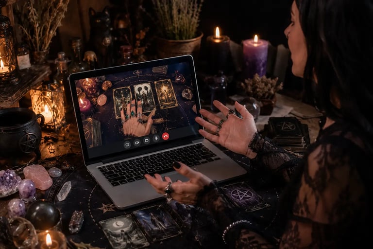 Taróloga profissional realizando tiragem de cartas em uma consulta tarot das bruxas online