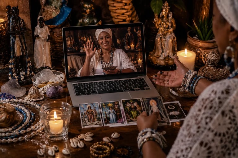 Mesa esotérica preparada para consulta tarot dos orixas online com cartas ilustradas