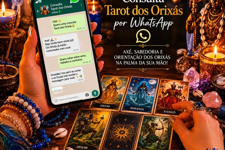 Celular exibindo mensagens de texto e fotos de uma consulta tarot dos orixas whatsapp