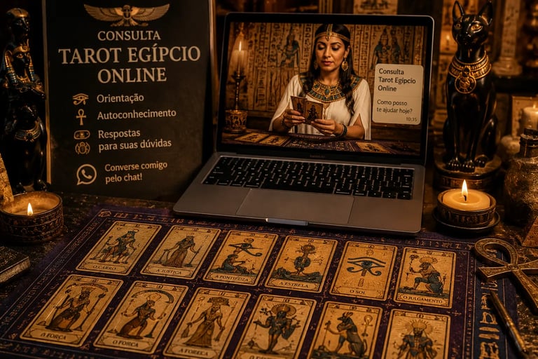 Cartas de tarot egípcio dispostas na mesa ao lado de laptop em sessão de consulta online