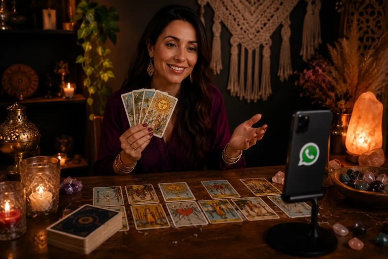 Cartas de tarot abertas em mesa esotérica para avaliação de consultores de tarot online