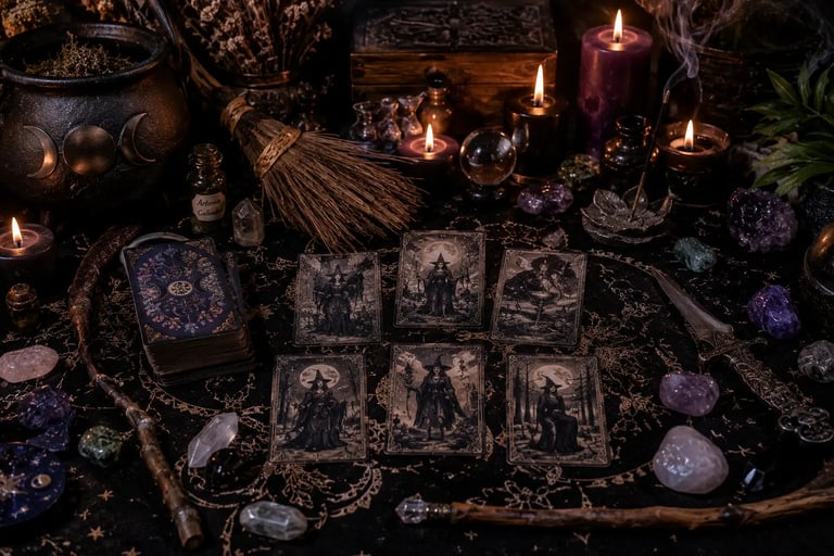 Instrumentos das bruxas para consultas místicas como athame, caldeirão e cristais dispostos ao redor