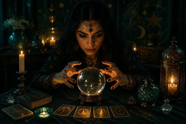 Mãos de vidente sobre esfera de vidro iluminada realizando leitura da sorte com bola de cristal
