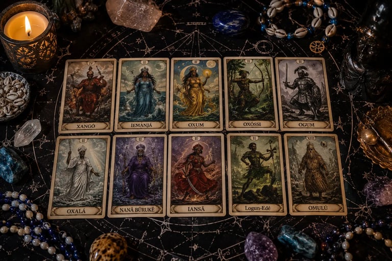Cartas abertas na mesa durante uma leitura de tarot dos orixás para orientação espiritual e caminhos