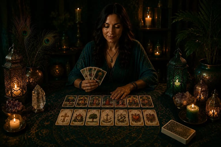 Mesa de atendimento esotérico com lâminas de leitura de tarot e baralho cigano dispostas lado a lado