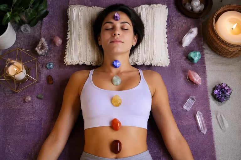 Cristais coloridos alinhados sobre os centros de energia do corpo para reequilibrio de chakras