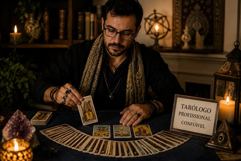 Tarólogo profissional confiável realizando uma leitura analítica de cartas de Tarot