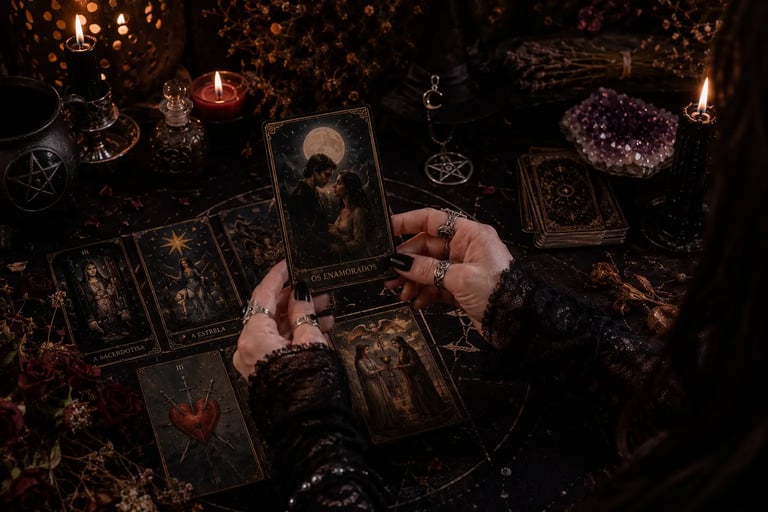 Cartas de tarot das bruxas leitura para amor dispostas em ambiente místico.