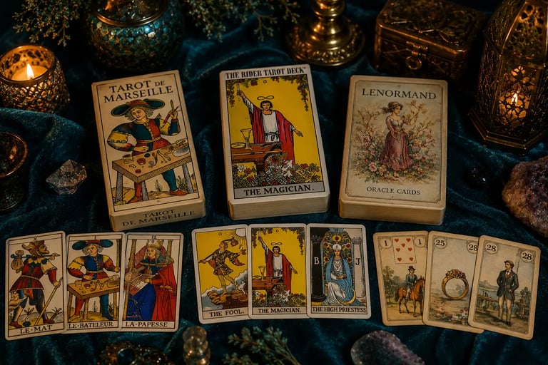 Três cartas exibindo as diferenças entre o Tarot de Marselha, o Tarot Rider Waite e Lenormand