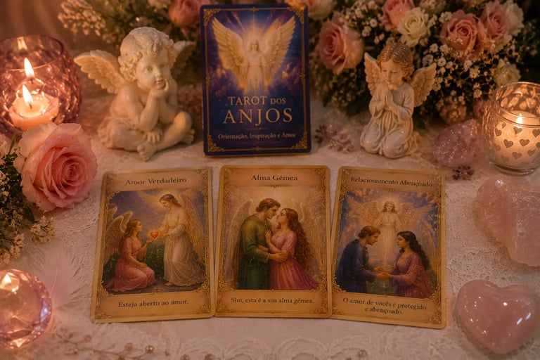 Cartas dispostas com cristais de quartzo rosa em uma sessão de tarot dos anjos aconselhamento amor
