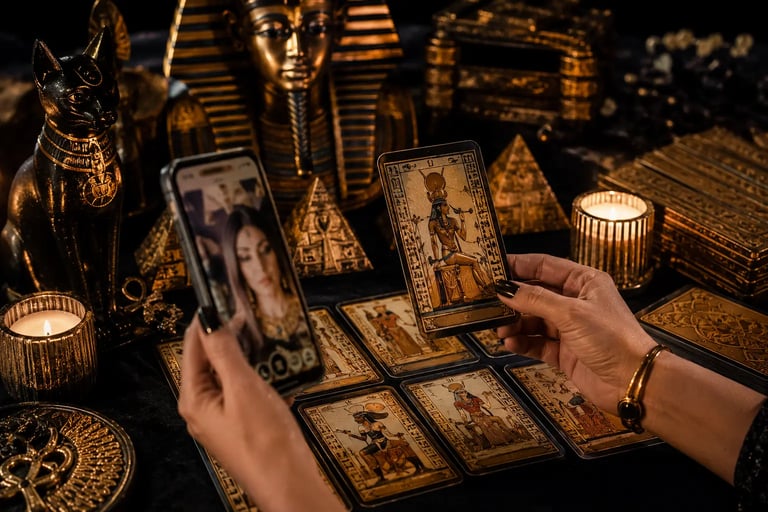 Tela de celular exibindo atendimento de tarot egípcio consulta online por whatsapp