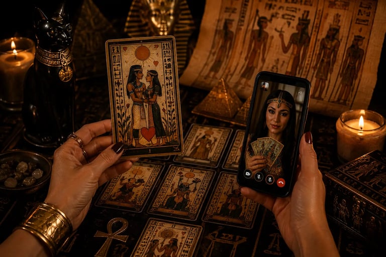 Celular exibindo uma sessão de tarot egípcio do amor consulta pelo whatsapp