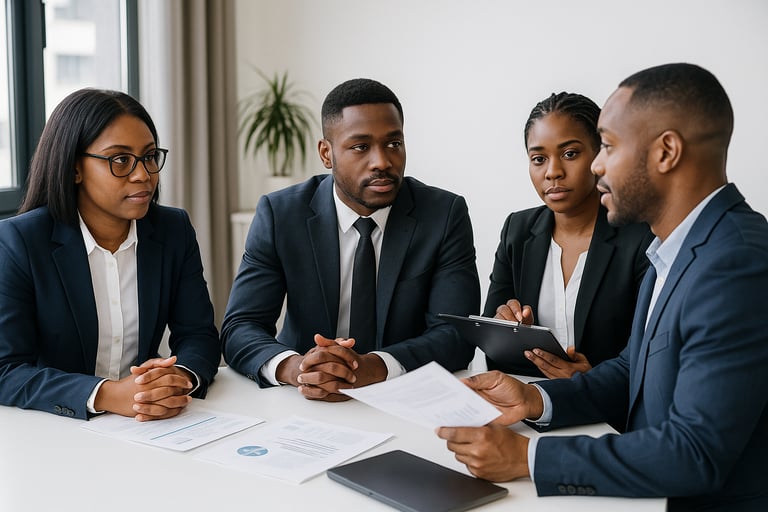 a group of business people sitting around a table