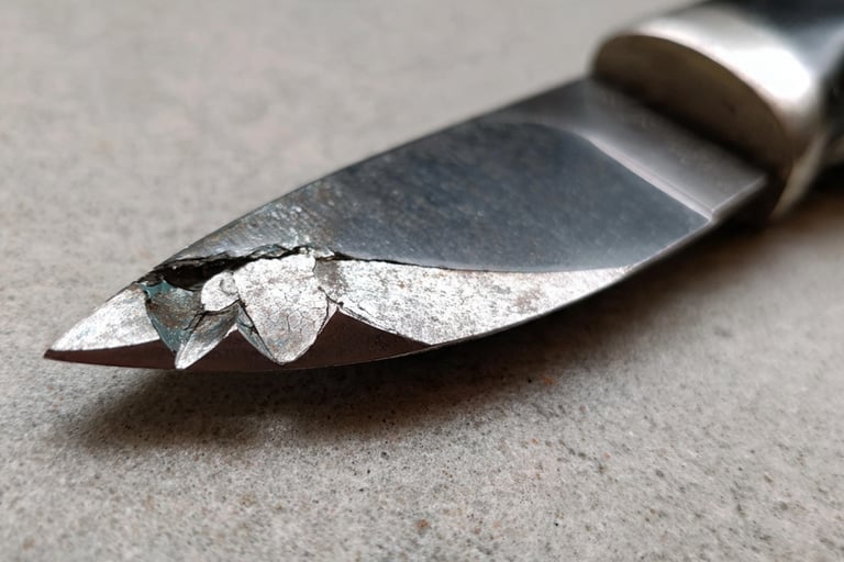 a damaged knife and a knife blade on a knife