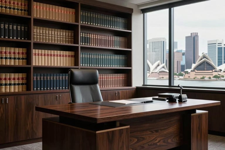 A professional photography of a high-end Australian legal office with a large dark wood desk, bookshelves containing legal volumes, and a view of the Sydney skyline. Clean, authoritative, and professional lighting.