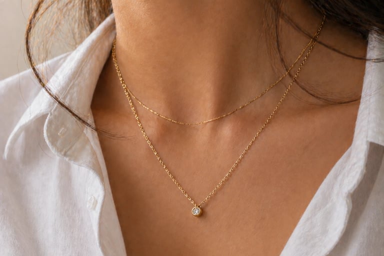 Close-up of delicate gold chain necklace with small pendant layered on simple outfit