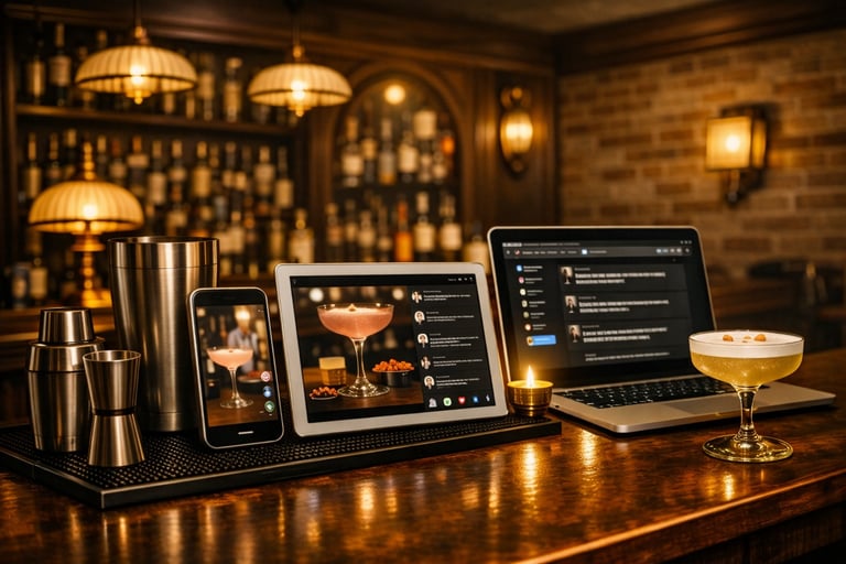 Digital devices showing a virtual cocktail masterclass on a wooden bar with cocktail shakers and a coupe glass.