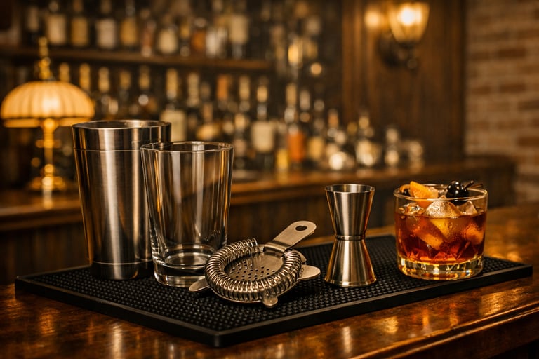 Professional stainless steel cocktail shaker set and an Old Fashioned drink on a dark wood bar top.
