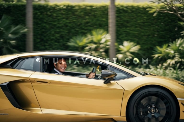 a MULIA VALET attendant driving a gold Lamborghini