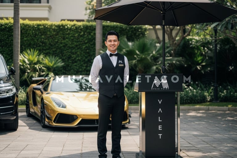 a MULIA VALET attendant in a suit and tie standing in front of a car