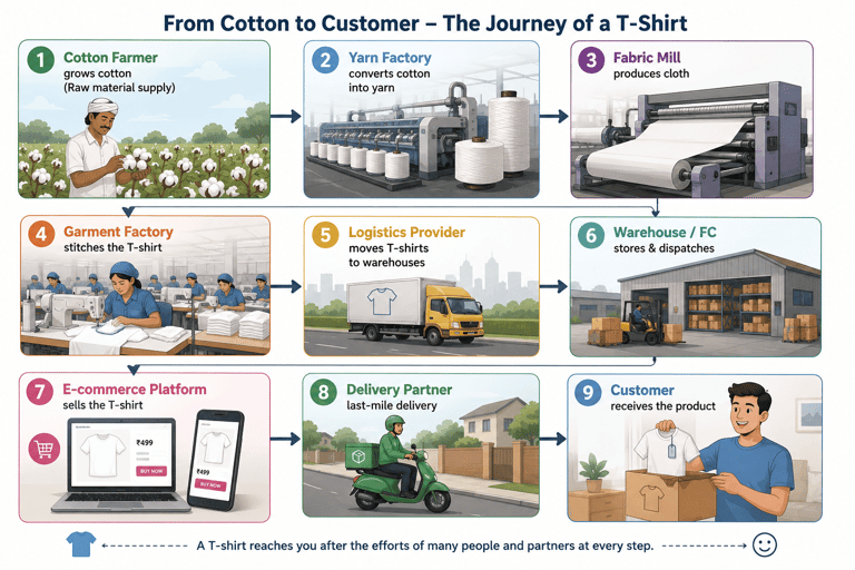 Infographic showing the supply chain journey of a T-shirt from cotton farmer to customer