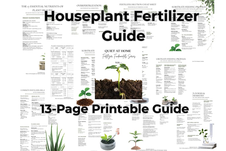 Quiet at Home houseplant fertilizer guide printable covering fertilizing basics, feeding schedules