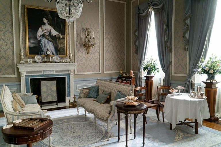 Scena di Bridgerton in un salotto elegante con camino acceso e atmosfera romantica