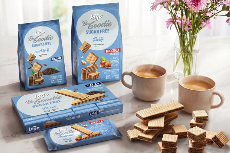 Gamma wafer Lago Be-Goodie Sugar Free con tazze di caffè e confezioni assortite
