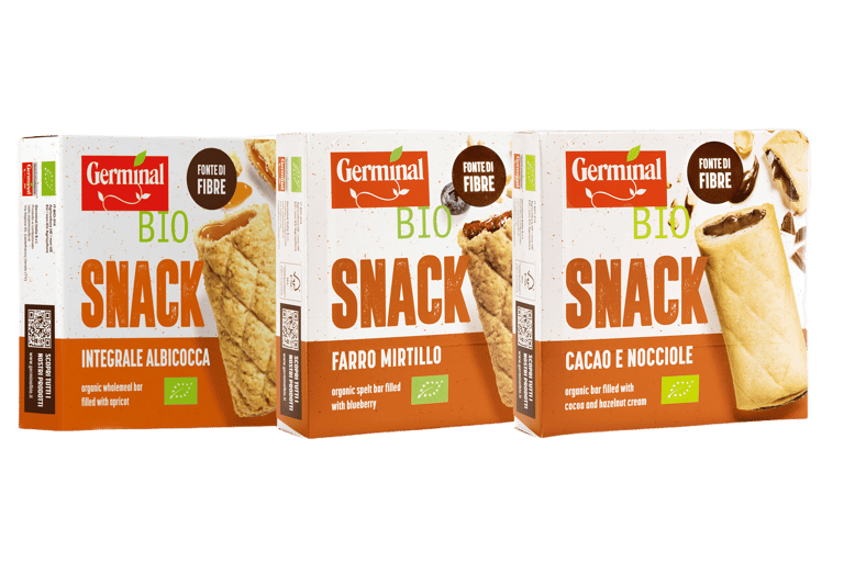 Le tre nuove referenze snack Germinal Bio farro mirtillo integrale albicocca e cacao nocciole