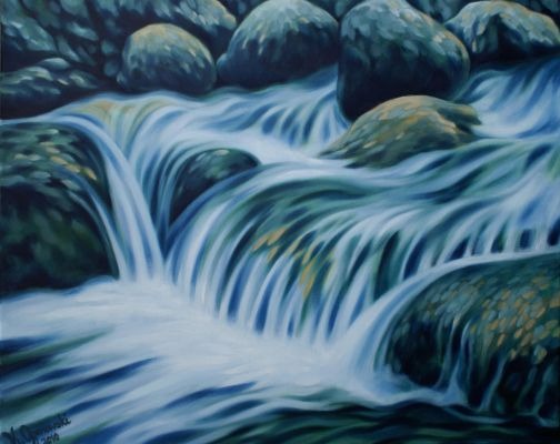 Oil painting, art, creek with cascades