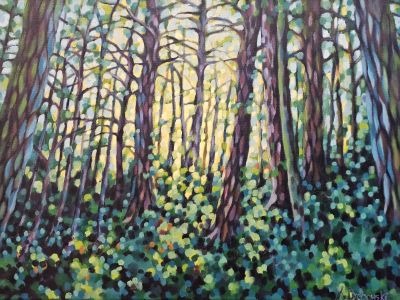 art, oil painting, acrylic, backlit forest, west coast, abstract realism