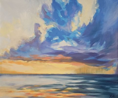 art, oil painting on canvas, abstract realism, expressive stormy seaside painting