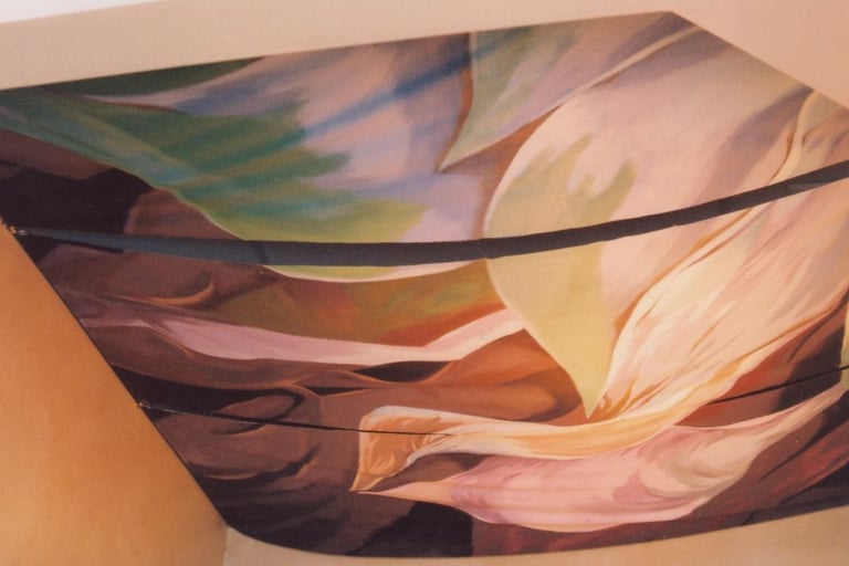 art, macro realism, acrylic painting, hanging canvas installation, indoor, macro landscape