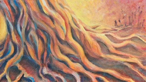 acrylic painting, abstract realism, tree trunk, vibrant forest