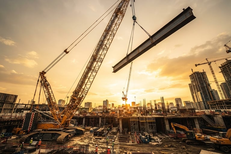Dramatic low-angle shot of a massive crawler crane lifting a steel beam on an industrial construction site, golden hour daylight, high-contrast rich tones, wide-angle lens, sharp details.