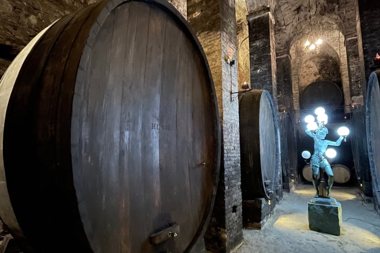Historic stone wine cellar with large oak barrels and a lit statue under vaulted ceilings.