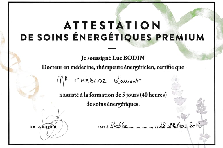 Attestation de soins énergétiques premium enseigné par Luc bodin