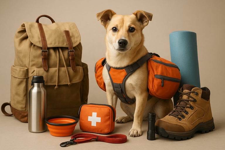 A tan dog wearing an orange hiking pack surrounded by outdoor camping gear and a first aid kit.