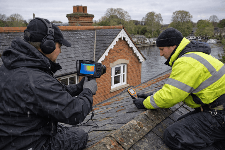 Professional roofer detecting and repairing roof leak source on Surrey residential property