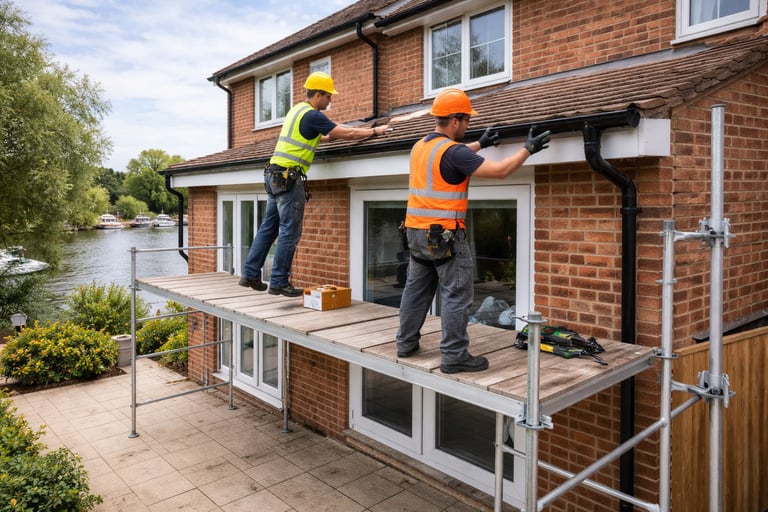 Shepperton Roofing working on installation of new UPVC guttering and fascias on Surrey residential