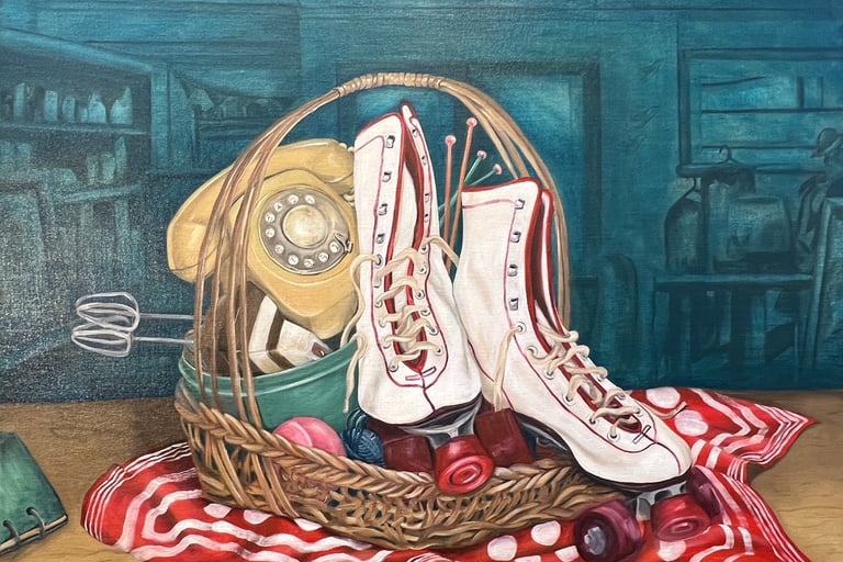 Roller skating baby - oil on linen. 65 x 86 cm. Sold