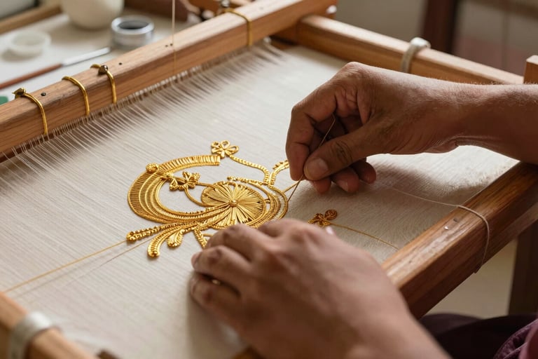 Close-up photography of South Asian hands working with gold Zari thread on a wooden embroidery frame in a sunlit, warm workshop.
