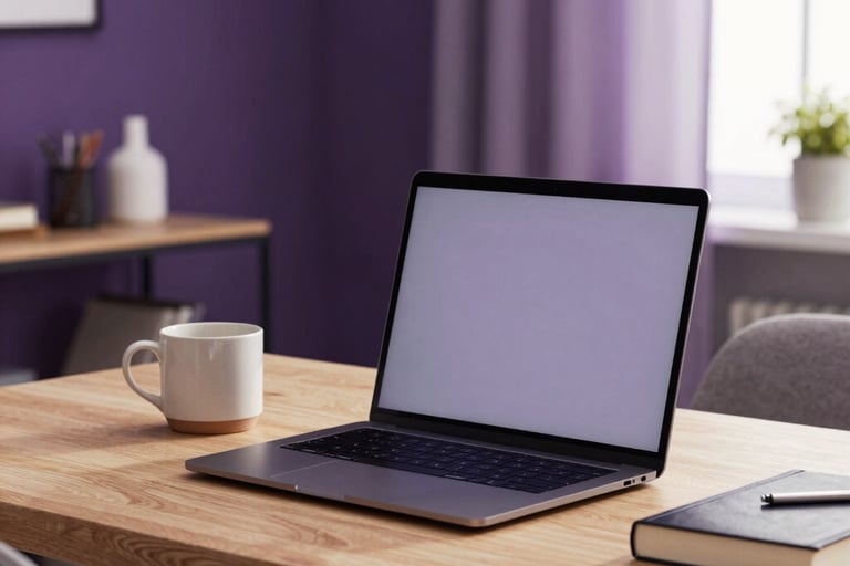 Softly lit home office in a North American apartment. A sleek laptop sits on a light wood desk next to a ceramic mug and a hardcover novel. Deep purple and soft lavender accents in the room decor. Warm, professional atmosphere.