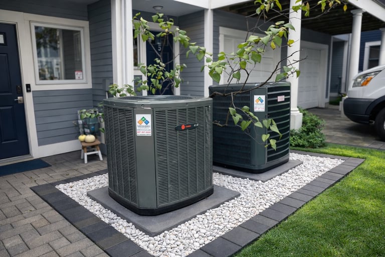 Two outdoor condensers that are installed by Northshore HVAC Services.