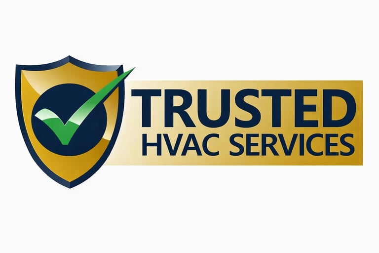 Trusted HVAC services logo featuring a gold shield with a green checkmark for reliable heating and cooling.