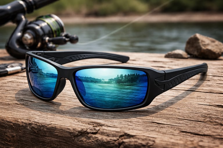 a pair of sunglasses with a fishing rod and a fishing rod