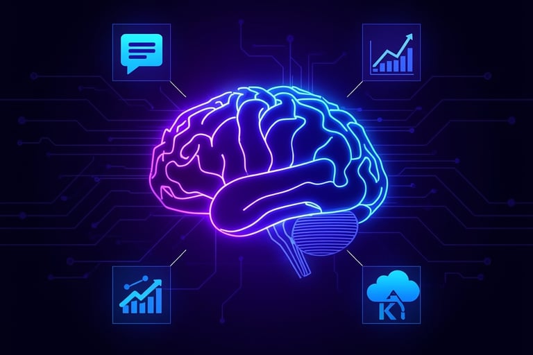 Cérebro IA com ícones de chat, gráfico e protótipo, simbolizando transformação 2024.
