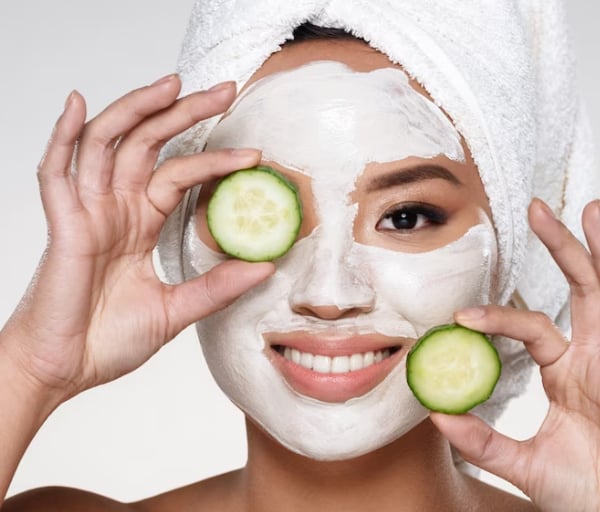 Refreshing facial treatment with cucumber slices and glowing skincare mask